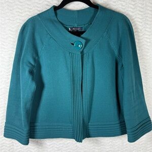 Anne Klein Teal Button-Front Pleated Knit Cardigan. Size Medium